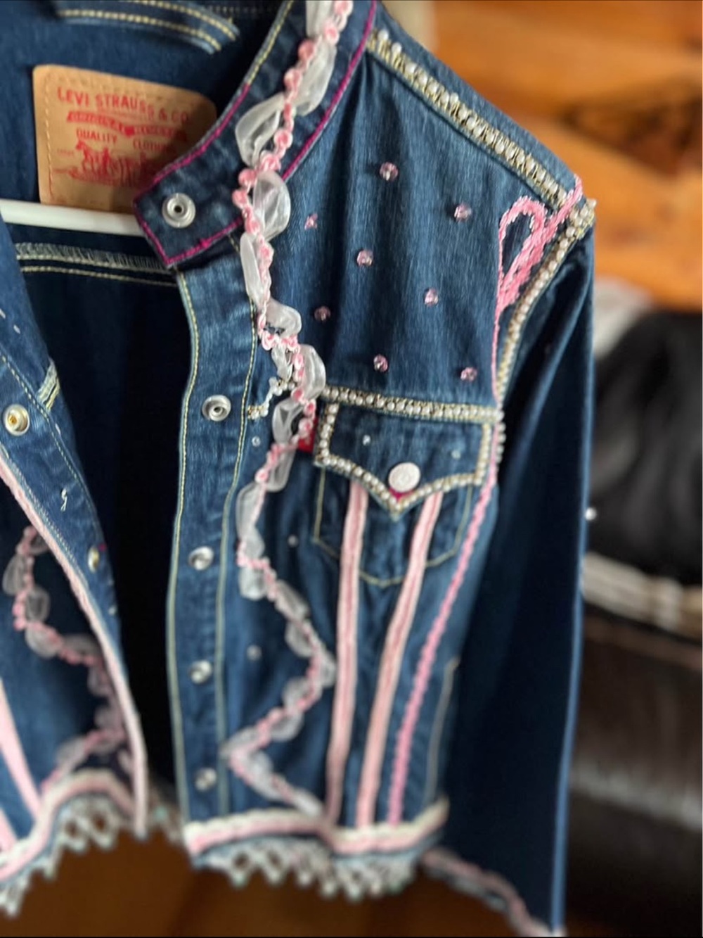 Levi's Dark Blue Denim Jacket with Pink Trim and Crystal Accents